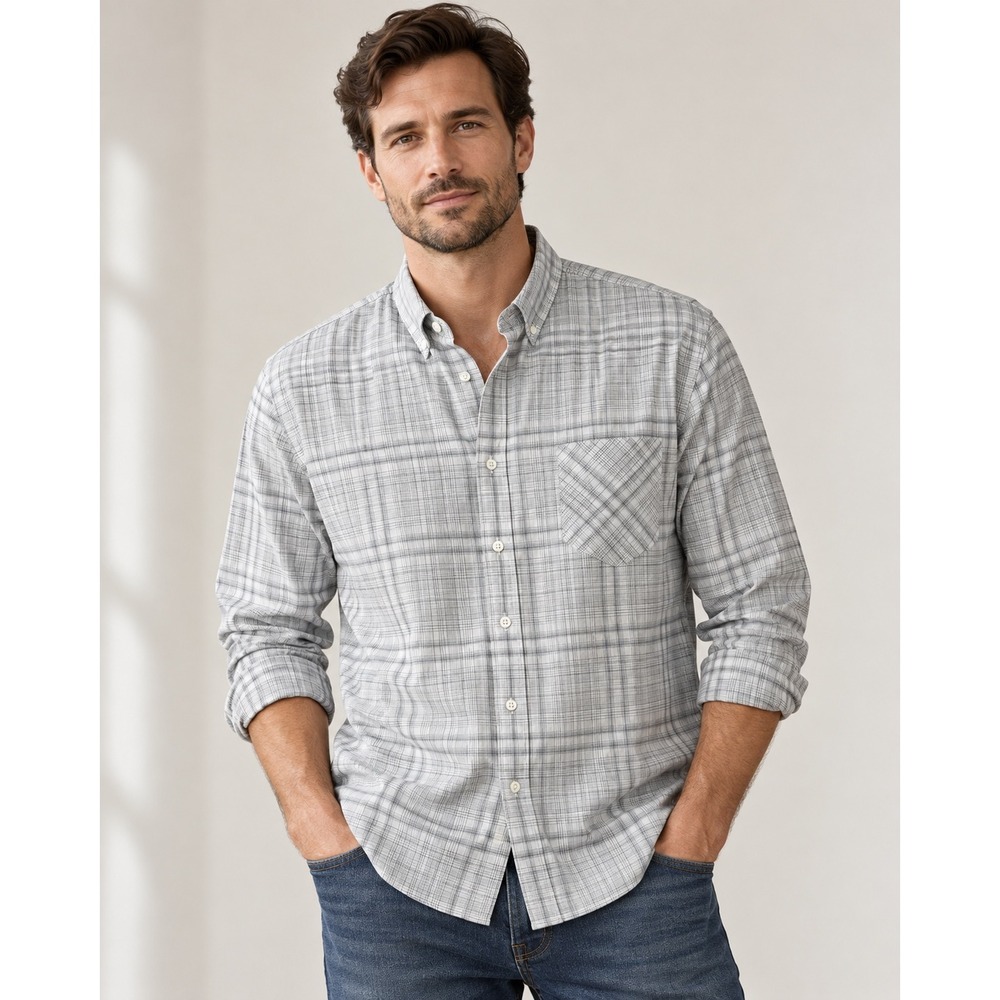 Billy Reid Mens Standard Fit Plaid Cotton Button Down Shirt Grey White Large